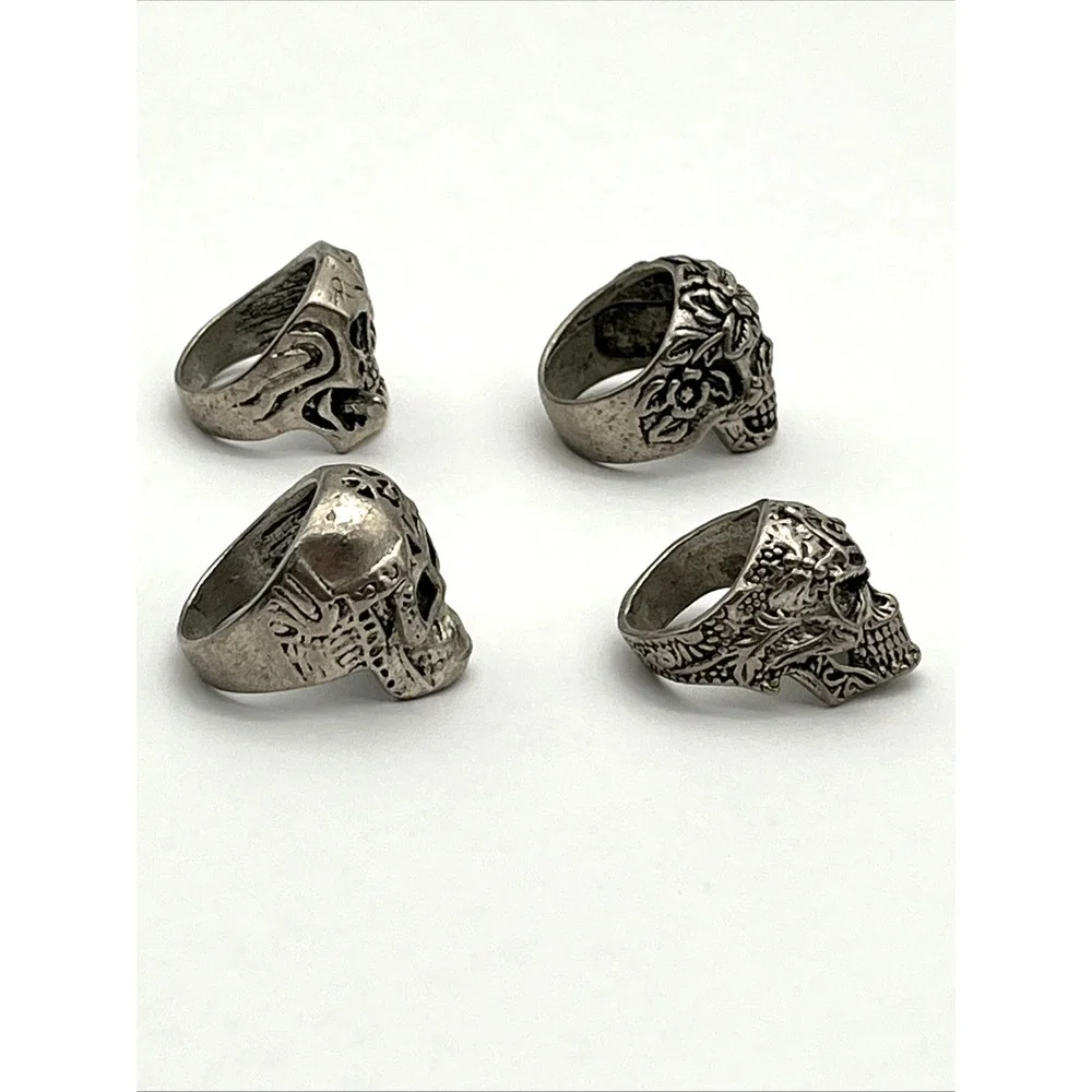 Lot of 4 Biker Skull Rings Silver‎ Tone Gothic Sizes 8, 9, 10, 10.5